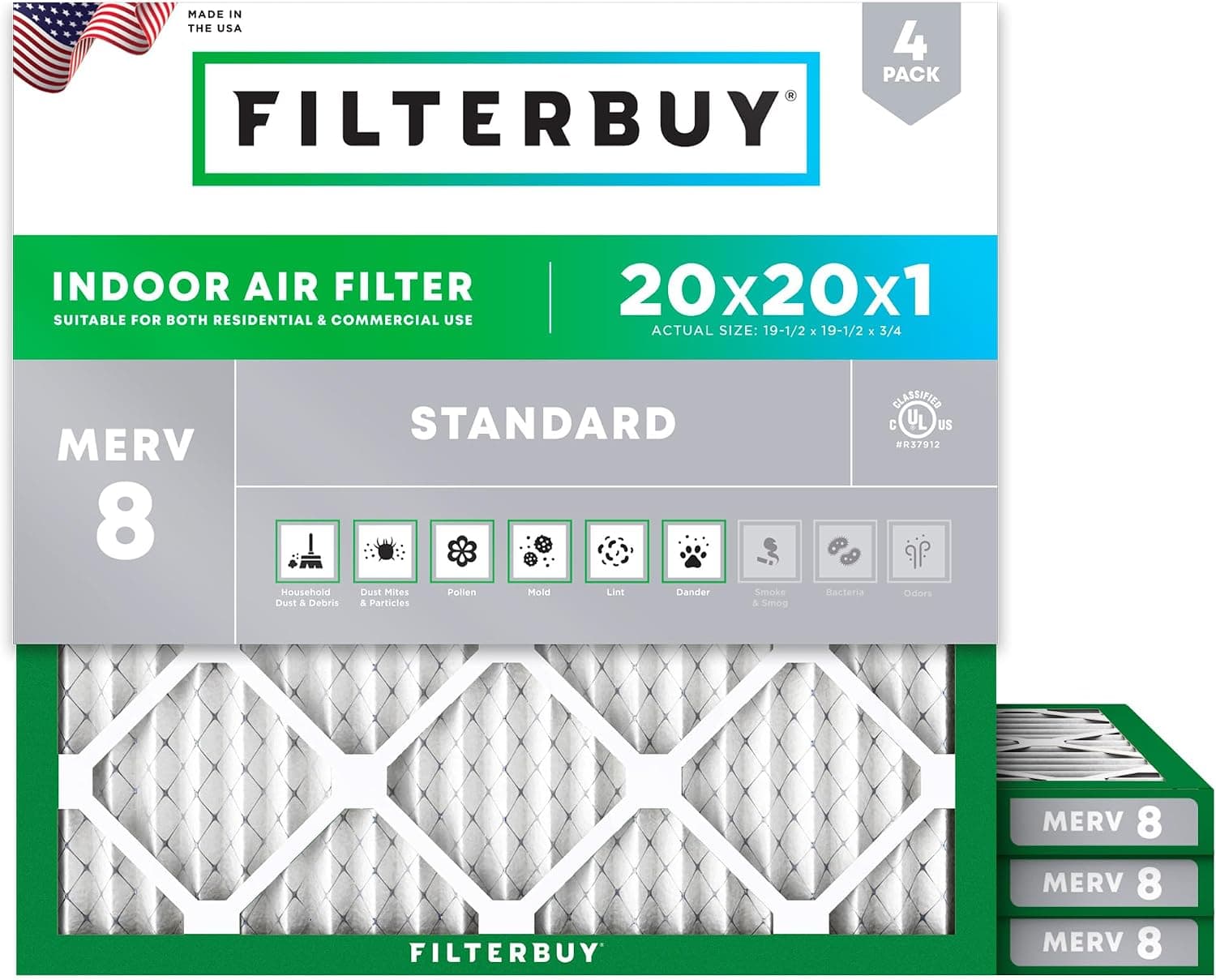 Filterbuy 20x20x1 MERV 8, 4-pack